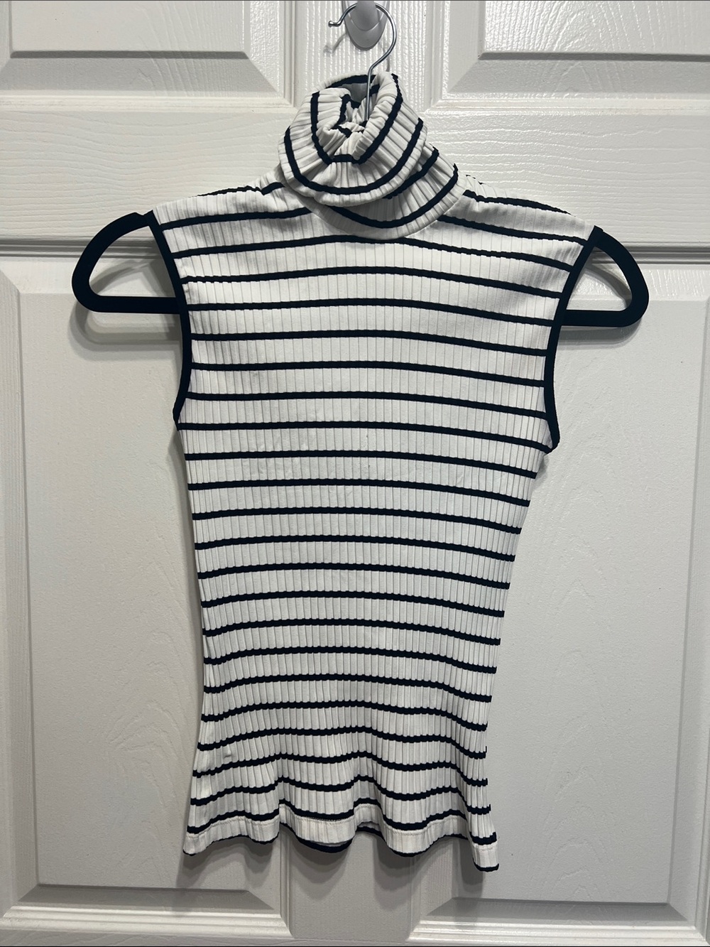 Mango White and Black Striped Sleeveless Turtleneck Top